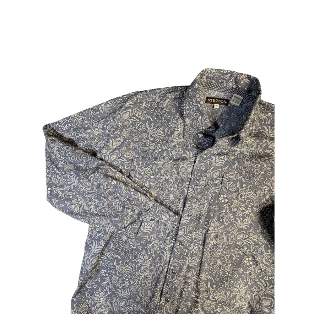 Stetson Mens Large Grey Paisley Pearl Snap Western Shirt Long Sleeve Cotton L